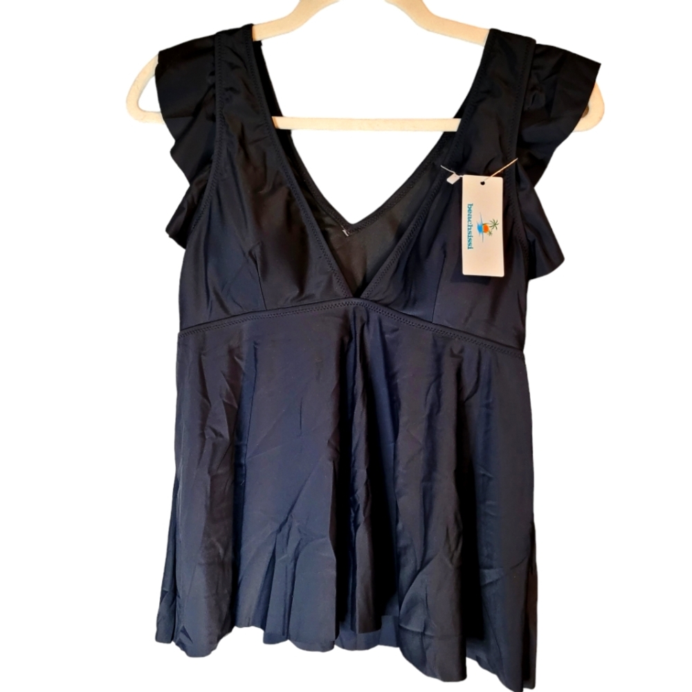 NEW Beachsissi Swim Top Womens Medium V Neck Tankini Top Ruffled Shoulder
